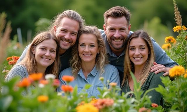 Équipe VertHerbe Solutions posant dans un jardin fleuri