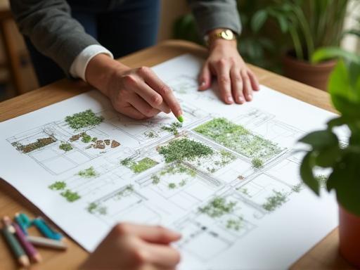 Consultation paysagiste avec plans et échantillons végétaux